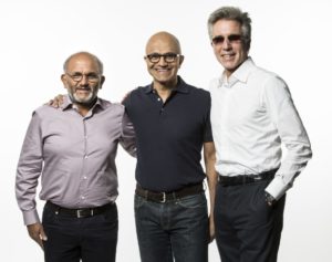 Shantanu Narayen, CEO, Adobe (left), Satya Nadella, CEO of Microsoft (center), and Bill McDermott, CEO of SAP (right), introduced the Open Data Initiative at the Microsoft Ignite conference