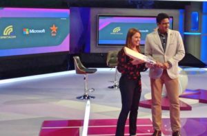 Microsoft has been working closely with Spektacom and its founder Anil Kumble, former captain, Indian cricket team, to incubate and launch the product, as part of its ScaleUp program. Also in the photo is Peggy Johnson, executive vice president, Microsoft.