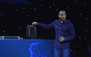 Navin Shenoy, Intel executive vice president in the Data Center Group, motions to a 5G base station prototype during Intel Corporation’s news event at CES 2019 on Jan. 7, 2019, in Las Vegas. Intel displays how its technology is the foundation for the world’s most important innovations and advances at CES 2019 from Jan. 8-11 in Las Vegas. (Credit: Walden Kirsch/Intel Corporation)