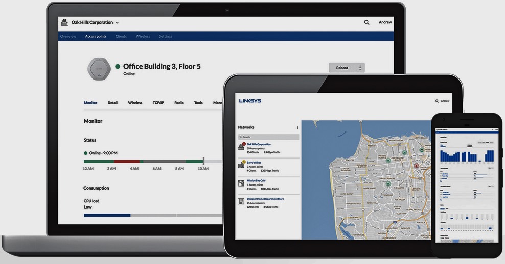 Linksys Cloud Manager service can be accessed from anywhere in the world from laptop, tablet or mobile phone
