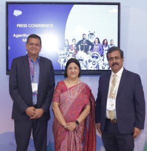 (L TO R)Arun Kumar Parameswaran, EVP & MD, Salesforce & Arundhati Bhattacharya, President & CEO at Salesforce & Satya Ramaswamy, Chief Digital & Technology Officer, Air India Agentforce